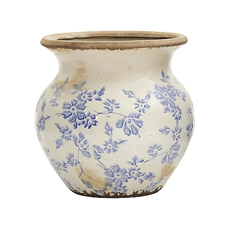 Nearly Natural 7 in. Tuscan Ceramic Blue Scroll Urn Vase