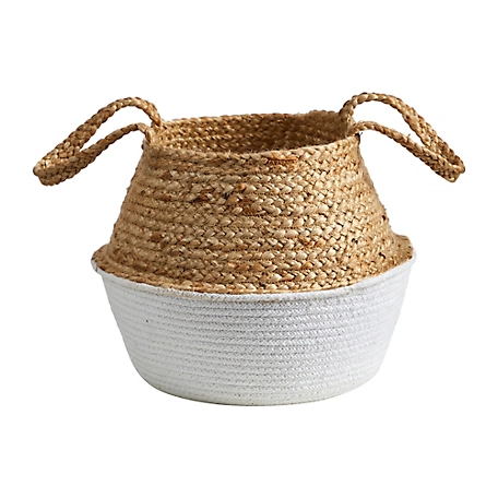 Nearly Natural 14 in. Boho Chic Handmade Cotton and Jute White Woven Basket Planter