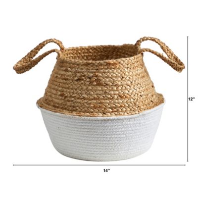 Image showing  Boho Chic Handmade Cotton and Jute Woven Basket Planter, 14 in., White