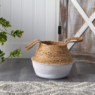 Image showing  Boho Chic Handmade Cotton and Jute Woven Basket Planter, 14 in., White