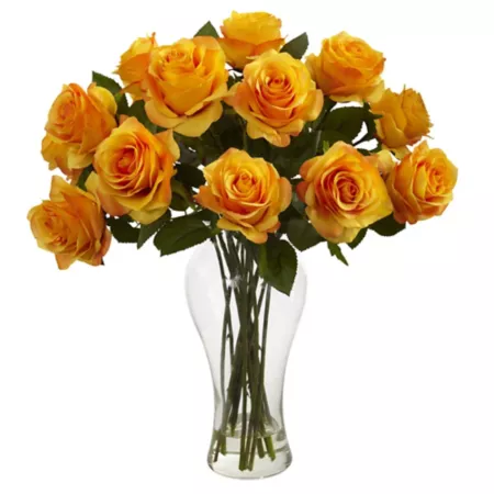 Nearly Natural Artificial Flowering Roses with Vase 18-inch Orange/Yellow Artificial Plants & Flowers