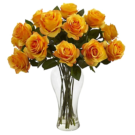 Nearly Natural 18 in. Faux Blooming Roses with Vase, Orange/Yellow