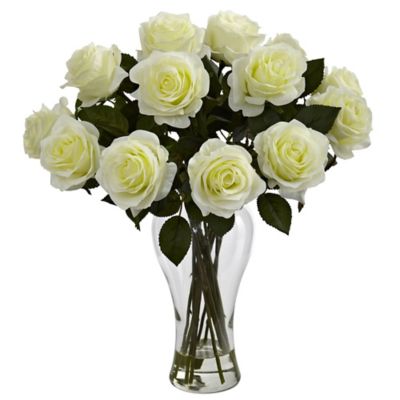 Nearly Natural 18 in. Faux Blooming Roses with Vase, White
