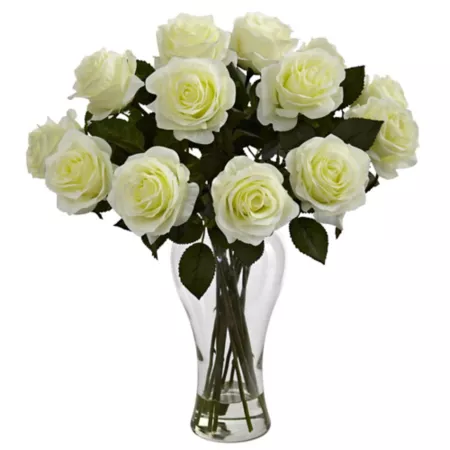 Nearly Natural Artificial Flowering Roses with Vase 18-inch White Artificial Plants & Flowers