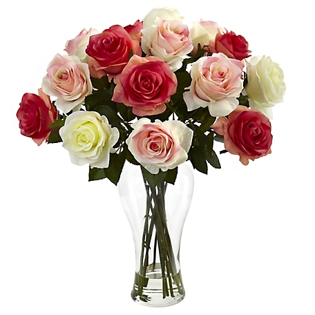 Nearly Natural 18 in. Faux Blooming Roses with Vase, Assorted Pastels