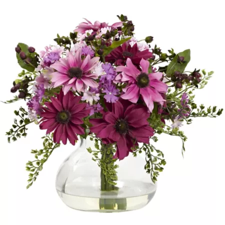 Nearly Natural 11.5 in Mixed Daisies Floral Arrangement with Vase Artificial Plants & Flowers