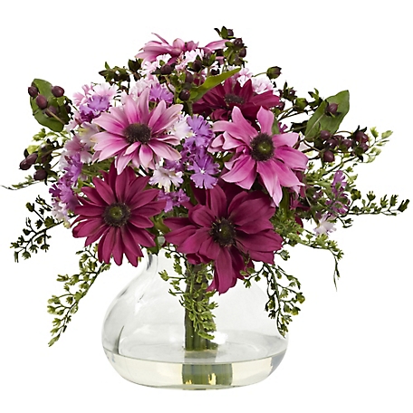 Nearly Natural 11.5 in. Mixed Daisy Floral Arrangement with Vase