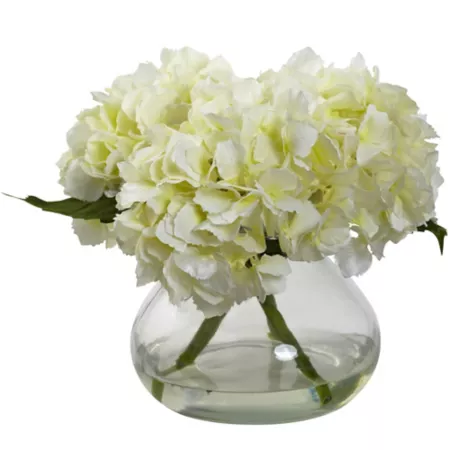 Nearly Natural 8.5" Faux Blooming Hydrangeas with Vase Cream Artificial Plants & Flowers