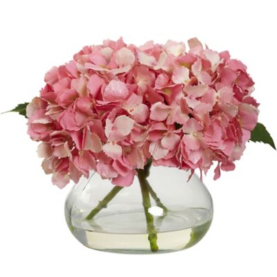 Nearly Natural 8.5 in. Blooming Faux Hydrangeas with Vase, Pink