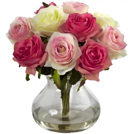 Nearly Natural 11 in Silk Rose Arrangement with Vase and Faux Water Assorted Pastels Artificial Plants & Flowers