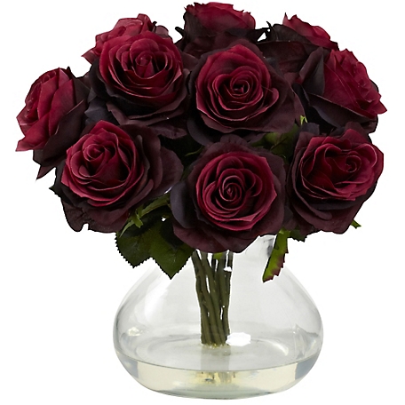 Nearly Natural 11 in. Silk Rose Arrangement with Vase and Faux Water, Burgundy