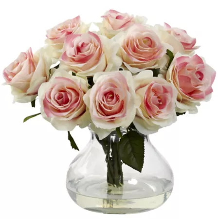 Nearly Natural 11" Silk Rose Arrangement with Vase and Faux Water Light Pink Artificial Plants & Flowers