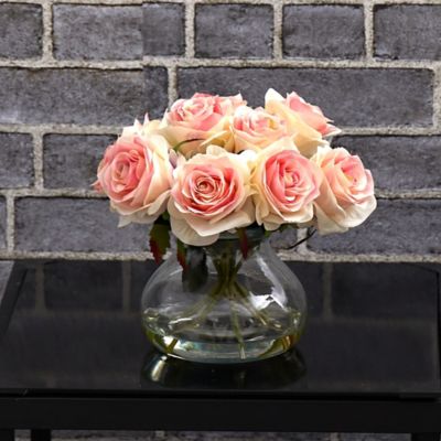 Image showing  11 in. Silk Light Pink Rose Flower Arrangement in Vase with Faux Water