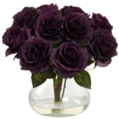 Nearly Natural 11 in. Silk Rose Arrangement with Vase and Faux Water, Purple Elegance