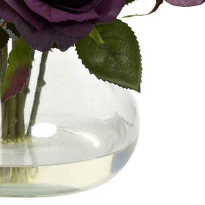 Image showing  11 in. Silk Purple Elegance Rose Flower Arrangement in Vase with Faux Water