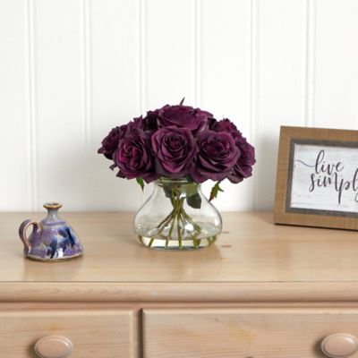 Image showing  11 in. Silk Purple Elegance Rose Flower Arrangement in Vase with Faux Water