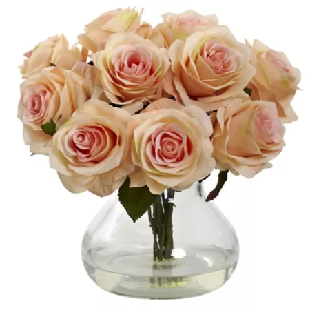 Nearly Natural 11 in Silk Rose Arrangement with Vase and Faux Water Peach Artificial Plants & Flowers