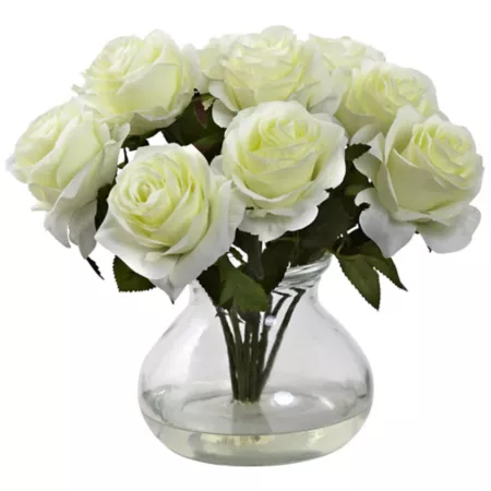 Nearly Natural 11" Silk Rose Arrangement with Vase and Faux Water White Artificial Plants & Flowers