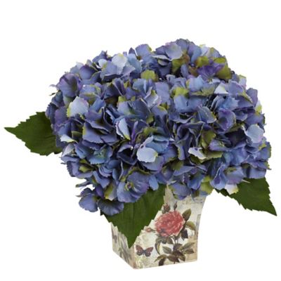 Nearly Natural 9 in. Silk Hydrangea Flower Arrangement with Floral Planter