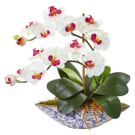 Nearly Natural 16 in. Silk Phalaenopsis Orchid Artificial Arrangement in Vase, White