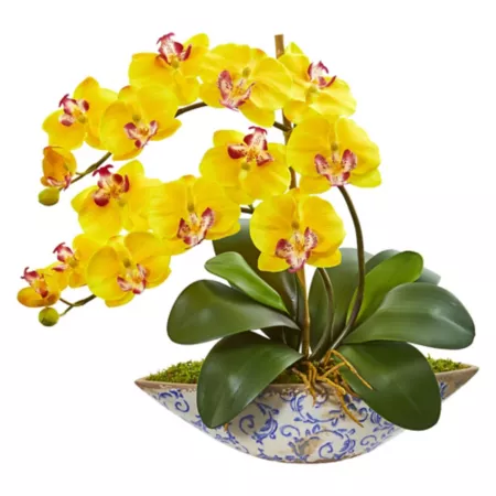 Nearly Natural 16" Artificial Silk Phalaenopsis Orchid Arrangement in Vase Yellow Artificial Plants & Flowers