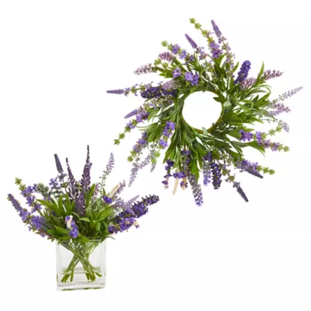 12" Nearly Natural Lavender Arrangement and 14" Lavender Wreath Pack of 2 Artificial Plants & Flowers