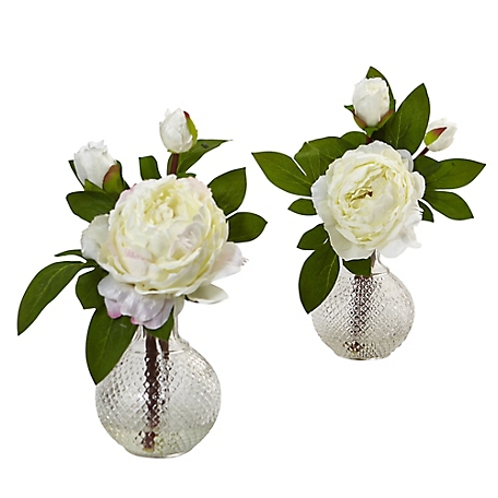 Nearly Natural 11 in. Peonies with Vase, 2-Pack