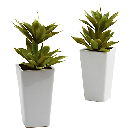 Nearly Natural 11.5 in. Double Mini Faux Agave Plants with Planter, 2-Pack