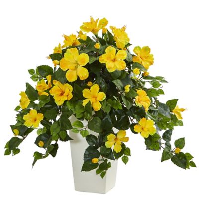 Nearly Natural 27 in. Artificial Hibiscus Plant in White Tower Planter
