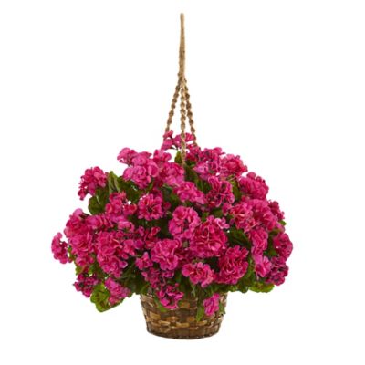 Nearly Natural 19 in. Indoor/Outdoor UV-Resistant Artificial Geranium Plant Hanging Basket, Beauty