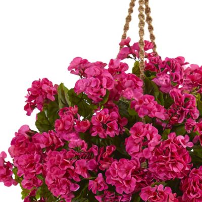 Image showing  19 in. Artificial Indoor/Outdoor UV-Resistant Beauty Geranium Plant in Hanging Basket