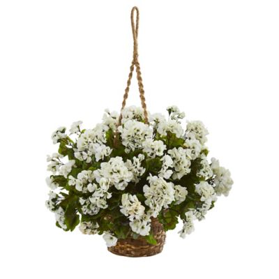 Nearly Natural 19 in. Artificial Indoor/Outdoor UV-Resistant White Geranium Plant in Hanging Basket