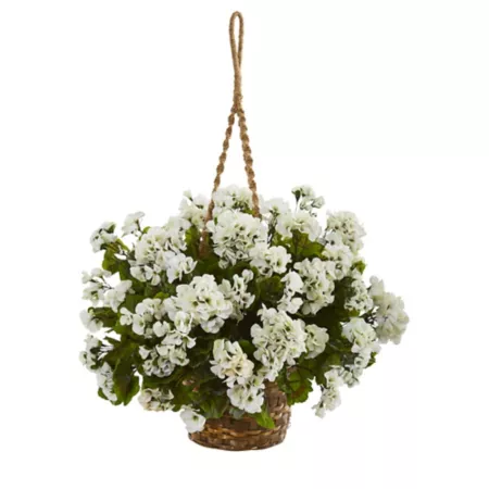 Nearly Natural Hanging Basket for Artificial Geranium Plants 19 in Indoor/Outdoor UV Resistant White Artificial Plants & Flowers