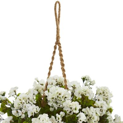 Image showing  19 in. Artificial Indoor/Outdoor UV-Resistant White Geranium Plant in Hanging Basket