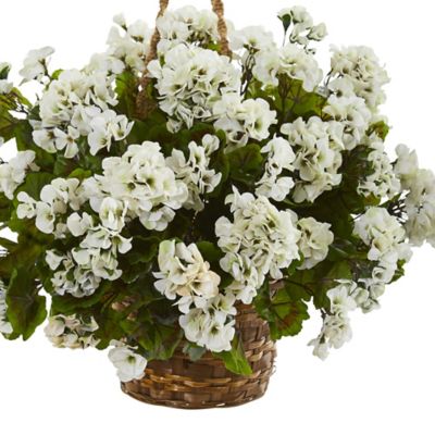 Image showing  19 in. Artificial Indoor/Outdoor UV-Resistant White Geranium Plant in Hanging Basket