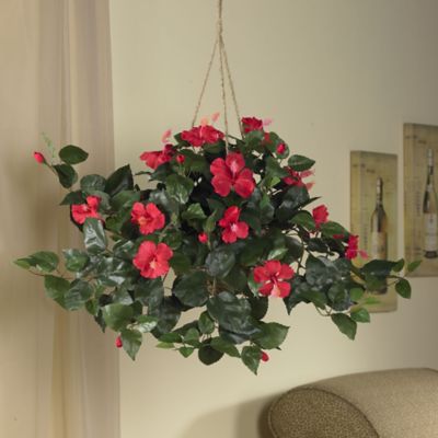 Image showing  24 in. Artificial Hibiscus Plant Hanging Basket