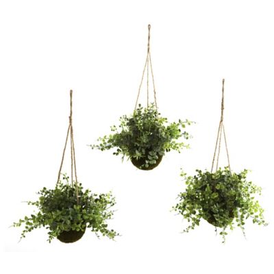 Nearly Natural 9 in. Eucalyptus, Maiden Hair and Berry Hanging Plant Baskets, 3-Pack