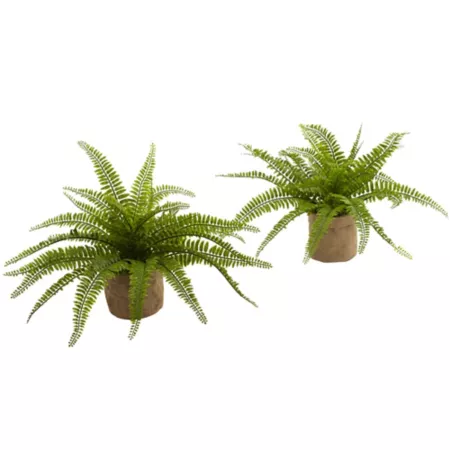 Nearly Natural 15" Faux Boston Fern with Burlap Planter 2 Pack Artificial Plants & Flowers