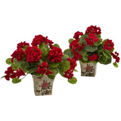 Nearly Natural 11 in. Artificial Geranium Flowering Silk Plants with Floral Planter, 2 pc.