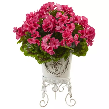 Nearly Natural 18.5 in UV Resistant Indoor/Outdoor Geranium with Metal Planter Artificial Plants & Flowers