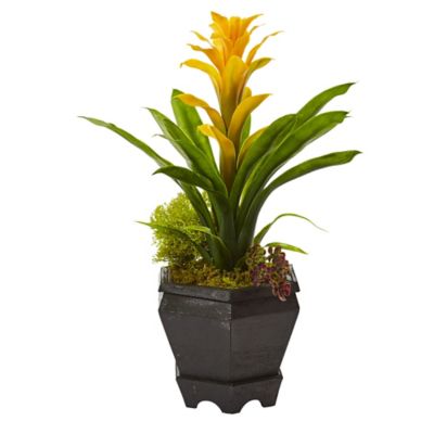 Nearly Natural 16.5 in. Faux Bromeliad in Black Hexagon Planter