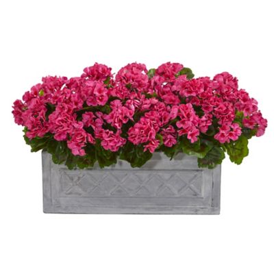 Nearly Natural 18 in. Indoor/Outdoor UV-Resistant Geranium Artificial Plant in Stone Planter