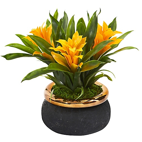 Nearly Natural 11 in. Bromeliad Artificial Plant in Stoneware Planter