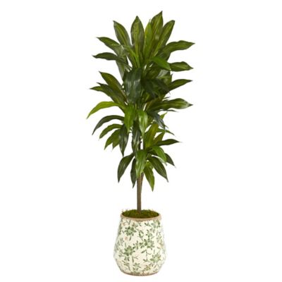 Nearly Natural 4 ft. Artificial Dracaena Plant in Flower Print Planter, Real Touch Feel