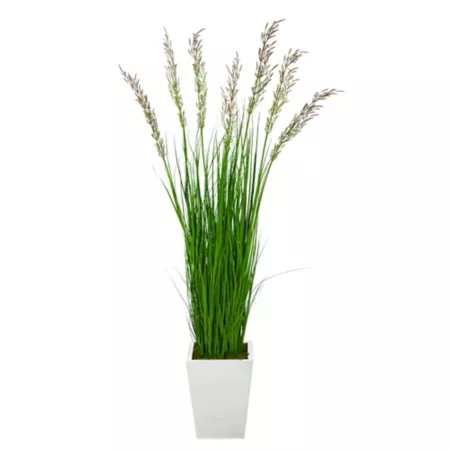 Nearly Natural 64" Artificial Wheatgrass Plant in White Metal Pot Artificial Plants & Flowers