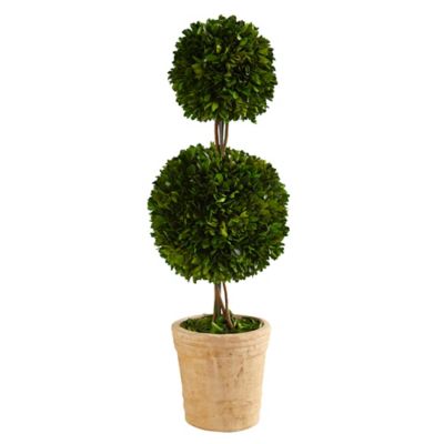Nearly Natural 2.5 ft. Artificial Preserved Boxwood Double Ball Topiary Tree in Decorative Planter