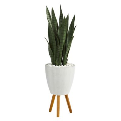 Nearly Natural 4 ft. Artificial Sansevieria Plant in White Planter with Stand