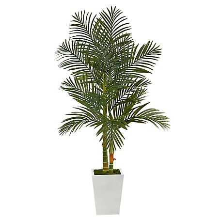 Nearly Natural 5.5 ft. Golden Cane Artificial Palm Tree in White Metal Planter