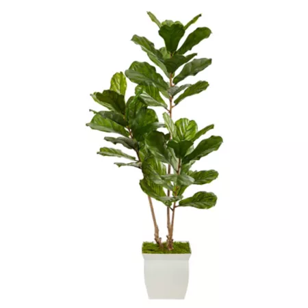 UV Resistant Artificial Fiddle Leaf Tree 5.5 ft Almost Natural in White Metal Pot Artificial Plants & Flowers