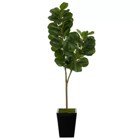 Nearly Natural 68" Artificial Fiddle Leaf Fig Tree in Black Metal Pot Artificial Plants & Flowers